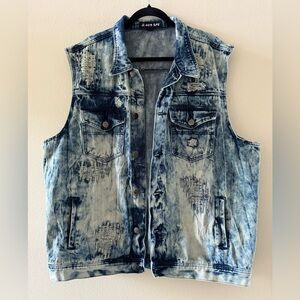 Men's Blue Red Ape Distressed Denim Biker Vest 3XL